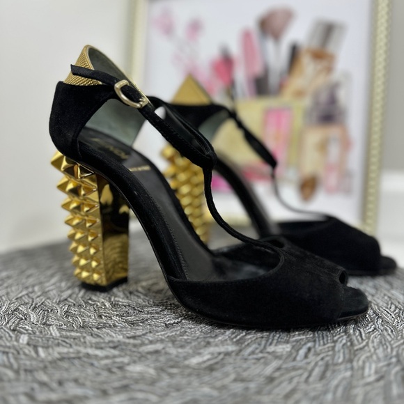 Fendi Black T-Strap Heels with Gold Studded Heel - Picture 5 of 12